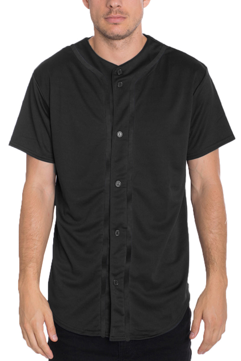 Classic regular fit button-down baseball jersey with center stripe detailing worn by a male model — view 5