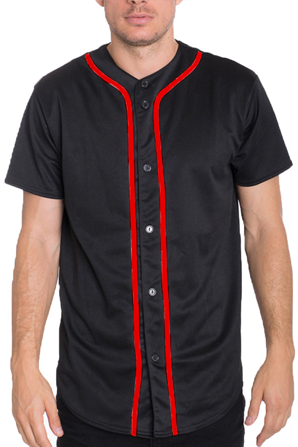 Classic regular fit button-down baseball jersey with center stripe detailing worn by a male model — view 4