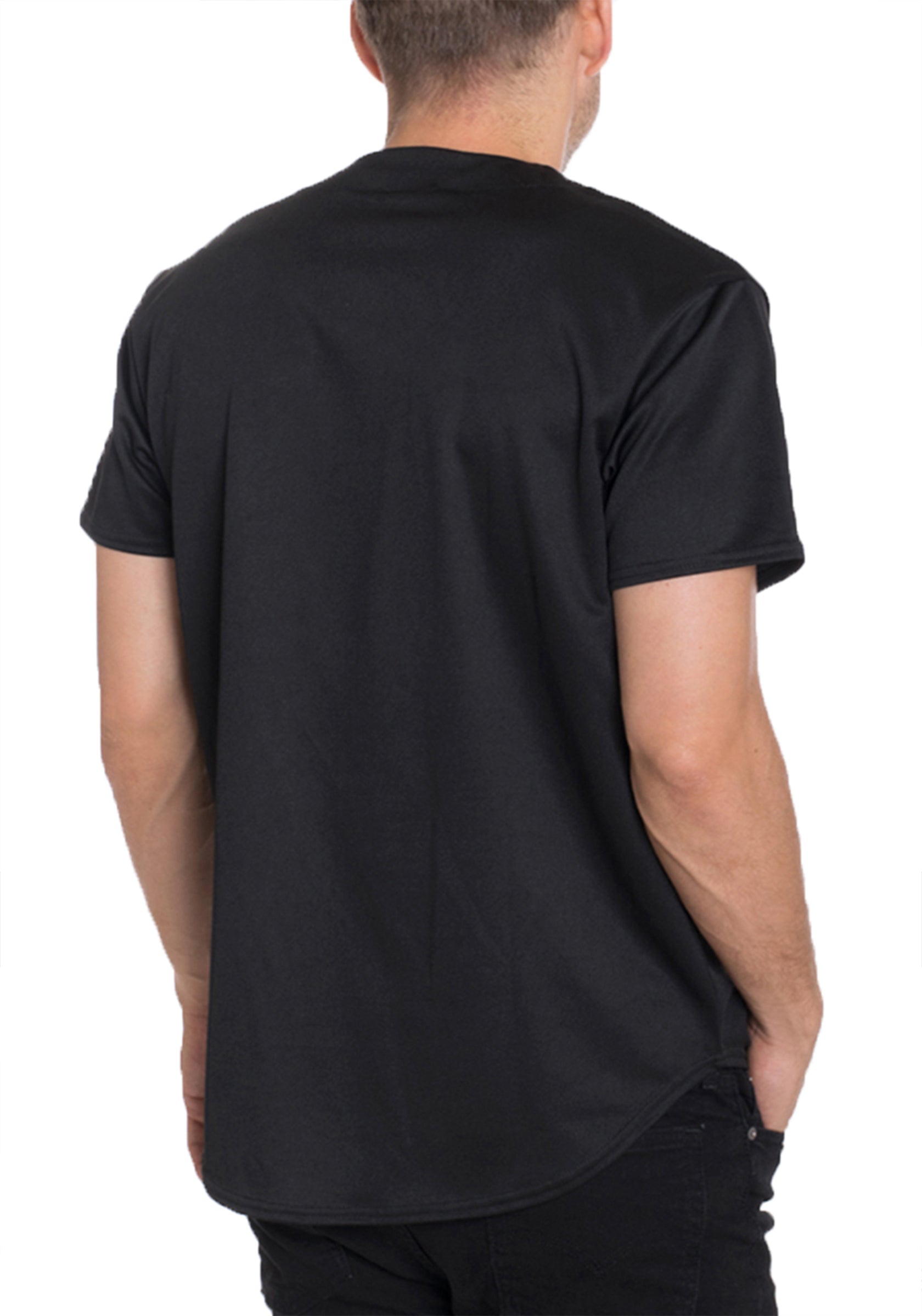 Classic regular fit button-down baseball jersey with center stripe detailing worn by a male model — view 3