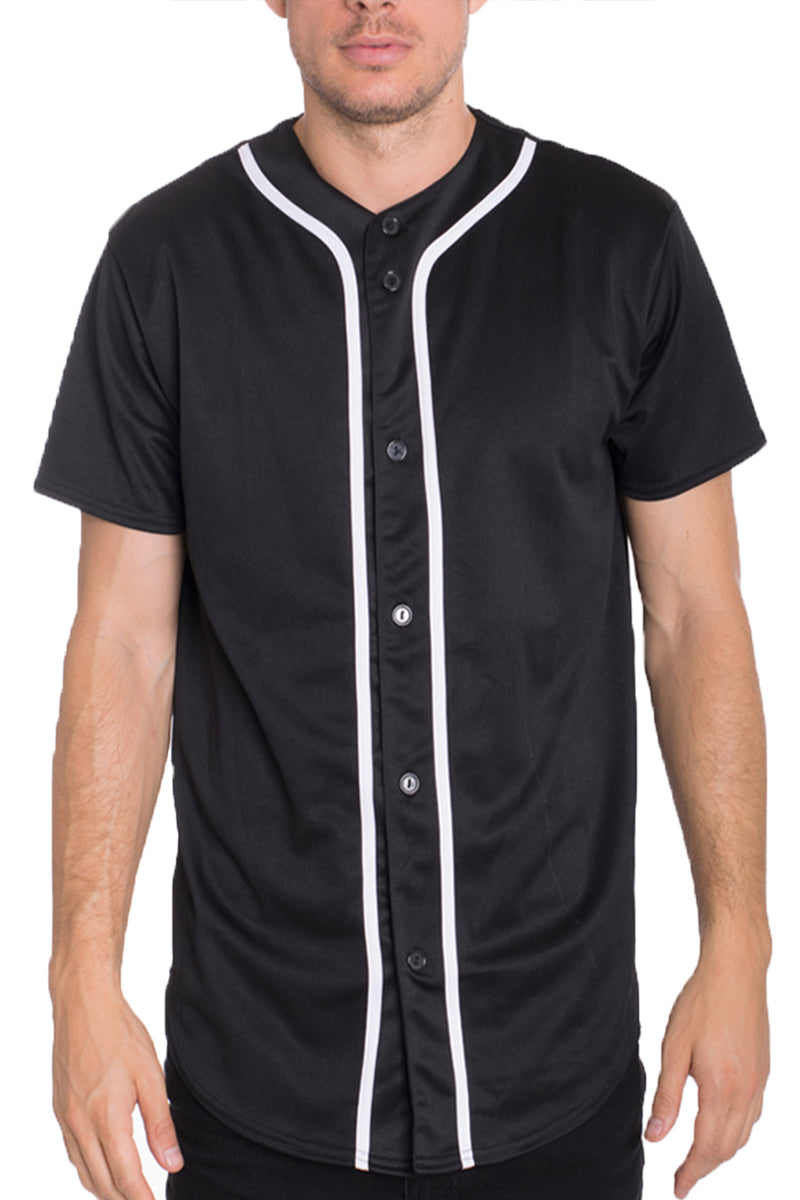 Classic regular fit button-down baseball jersey with center stripe detailing worn by a male model
