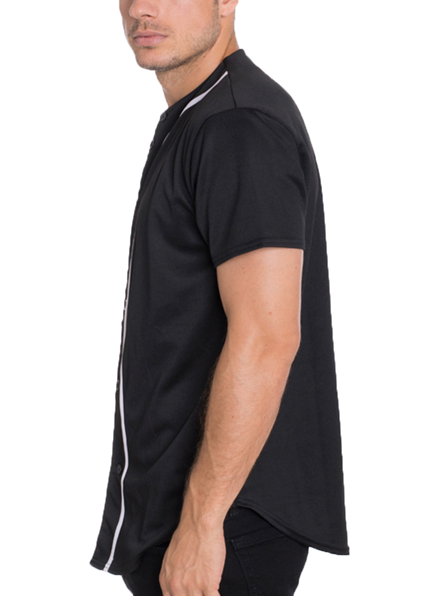 Classic regular fit button-down baseball jersey with center stripe detailing worn by a male model — view 2