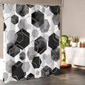 Black and white hexagonal pattern geometric polyester shower curtain with 12 plastic hanging hooks