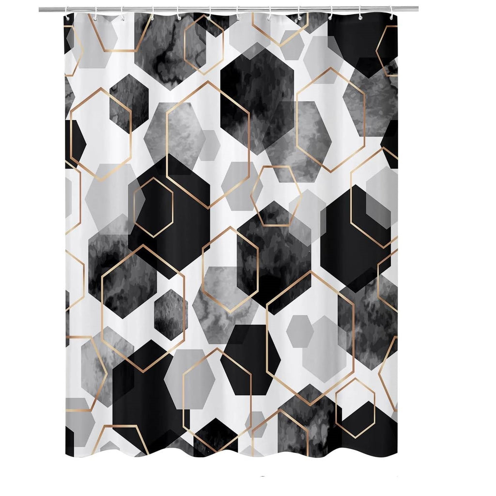 Black and white hexagonal pattern geometric polyester shower curtain with 12 plastic hanging hooks — view 3
