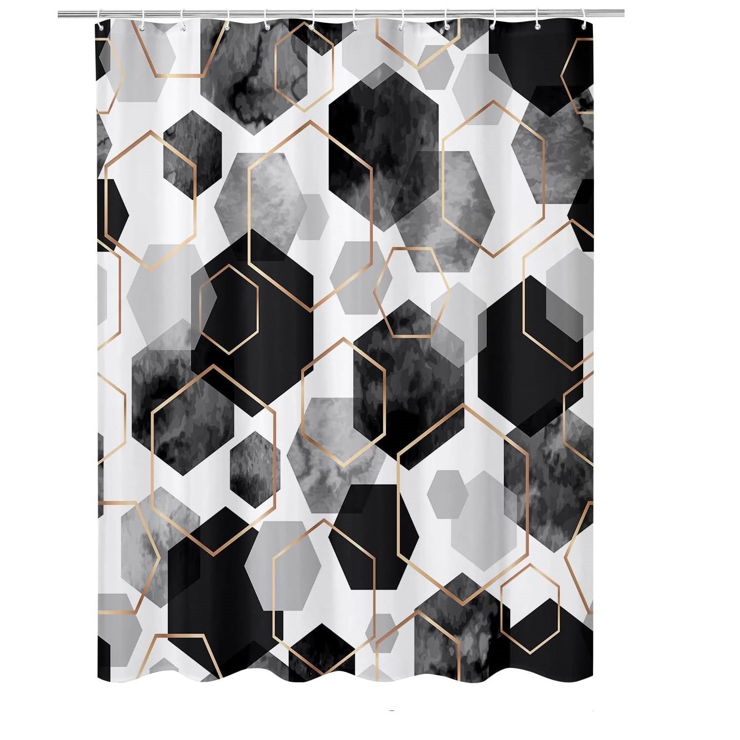 Black and white hexagonal pattern geometric polyester shower curtain with 12 plastic hanging hooks — view 3