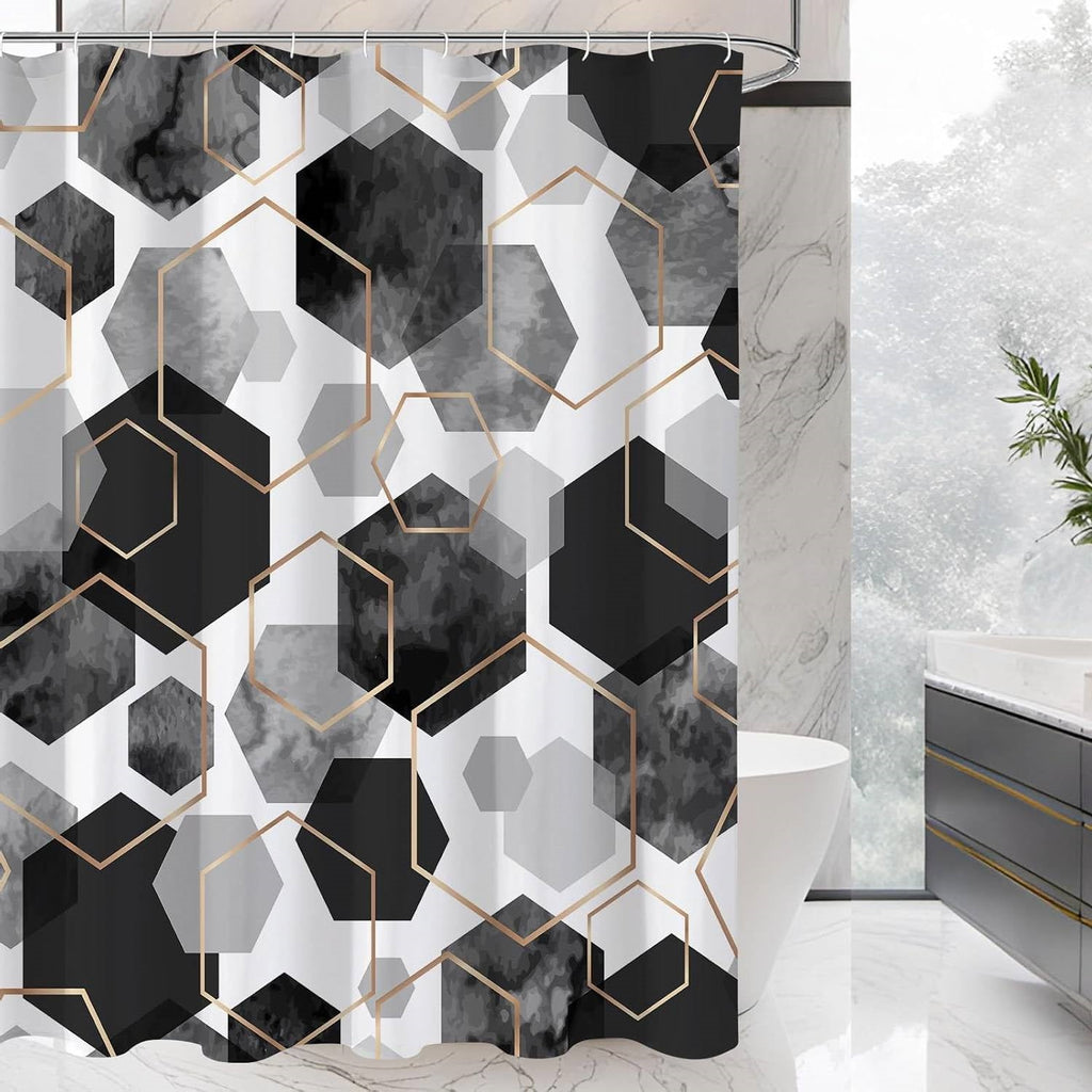 Black and white hexagonal geometric pattern waterproof polyester shower curtain with installation hooks — view 2