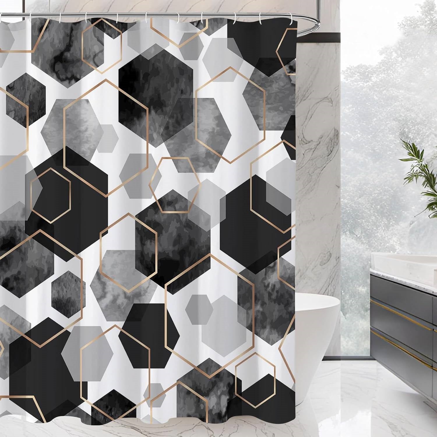 Black and white hexagonal geometric pattern waterproof polyester shower curtain with installation hooks — view 2