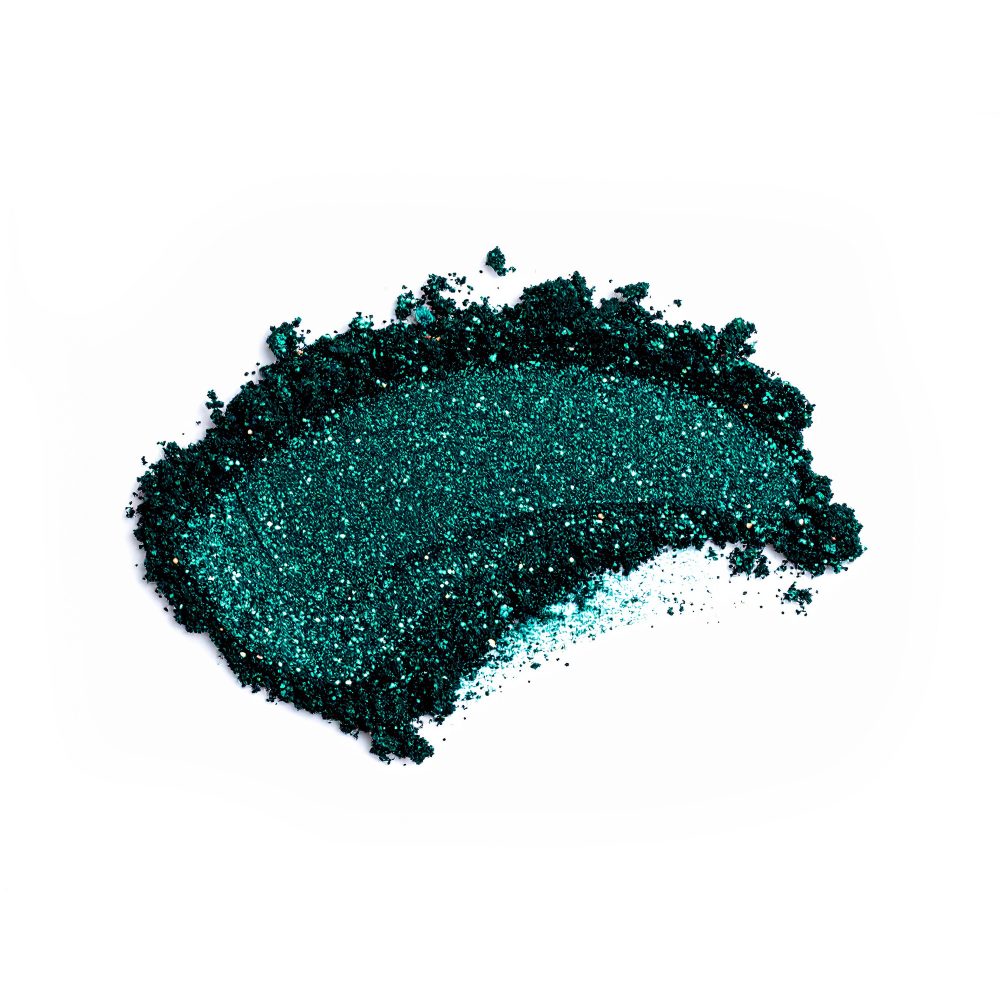 Aquamarine blue ultra-fine loose glitter eyeshadow dust in a small clear makeup jar — view 4