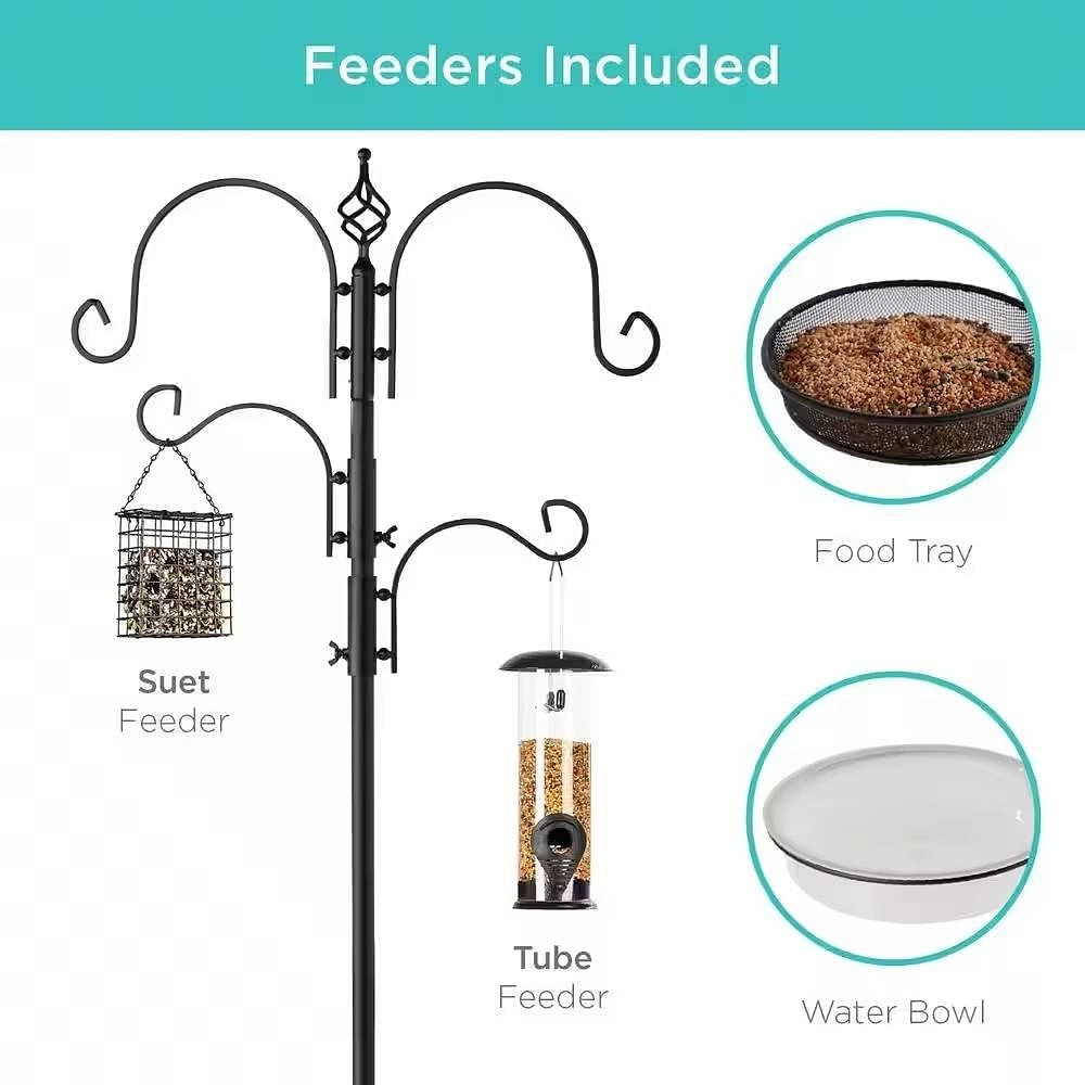 Tall bronze steel bird feeder station complete with four hanging feeders water bowl and food tray