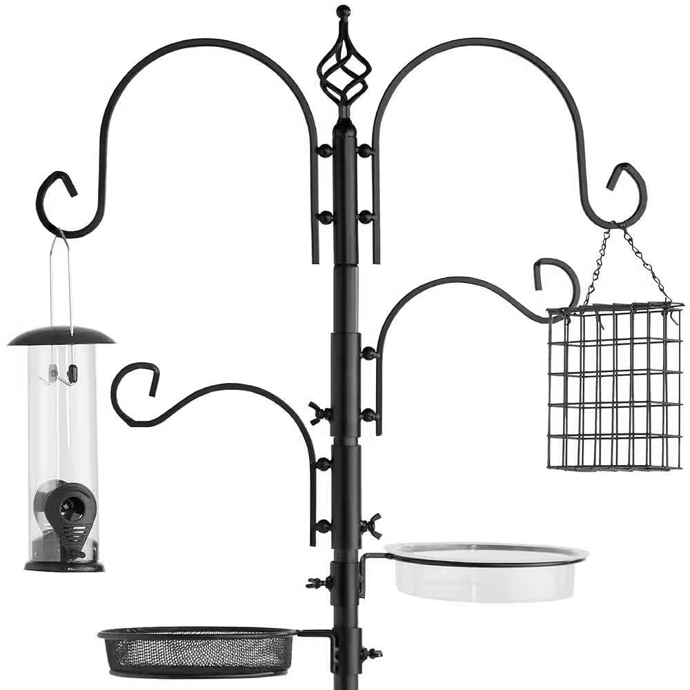 Tall bronze steel bird feeder station complete with four hanging feeders water bowl and food tray — view 3