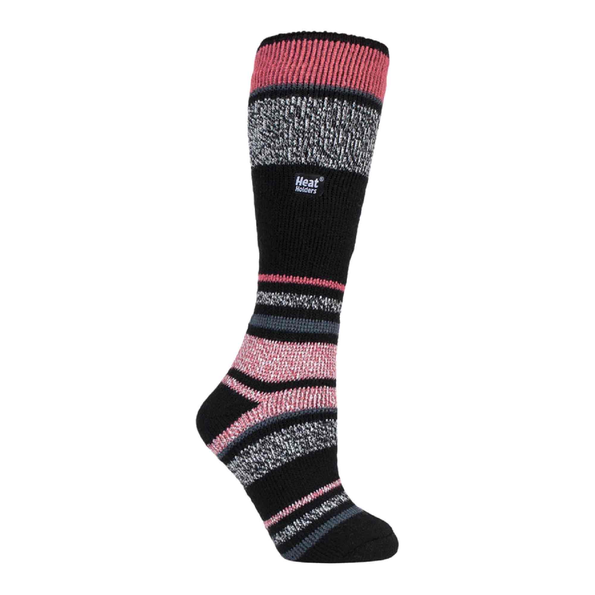Ladies extra long thermal ski socks featuring a stylish striped pattern for winter snow sports