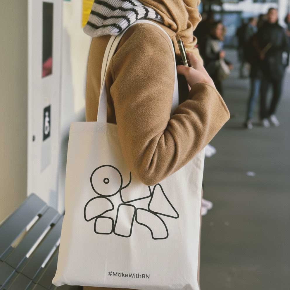 BN canvas tote bag with vibrant geometric pop-art doodles on soft creamy cotton base — view 5