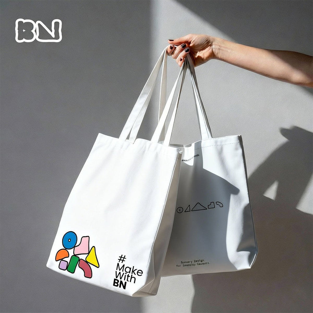 BN canvas tote bag with vibrant geometric pop-art doodles on soft creamy cotton base