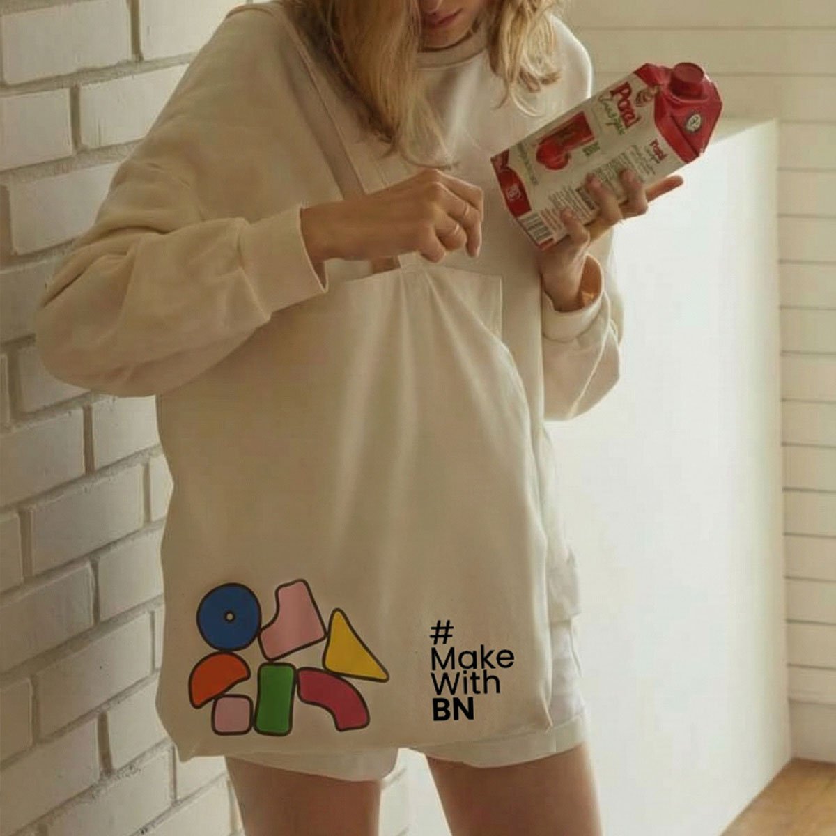 BN canvas tote bag with vibrant geometric pop-art doodles on soft creamy cotton base — view 4