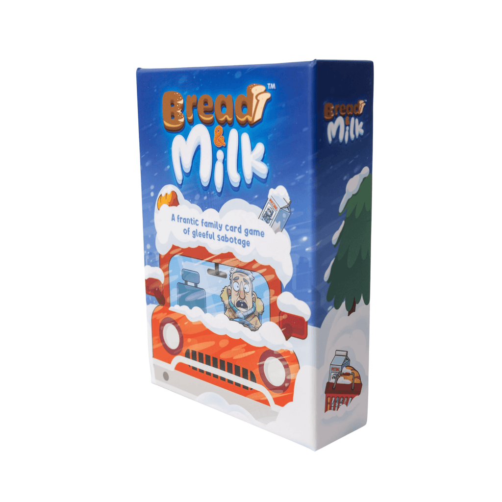 Bread and Milk family card game box and playing cards featuring hilarious grocery shopping illustrations