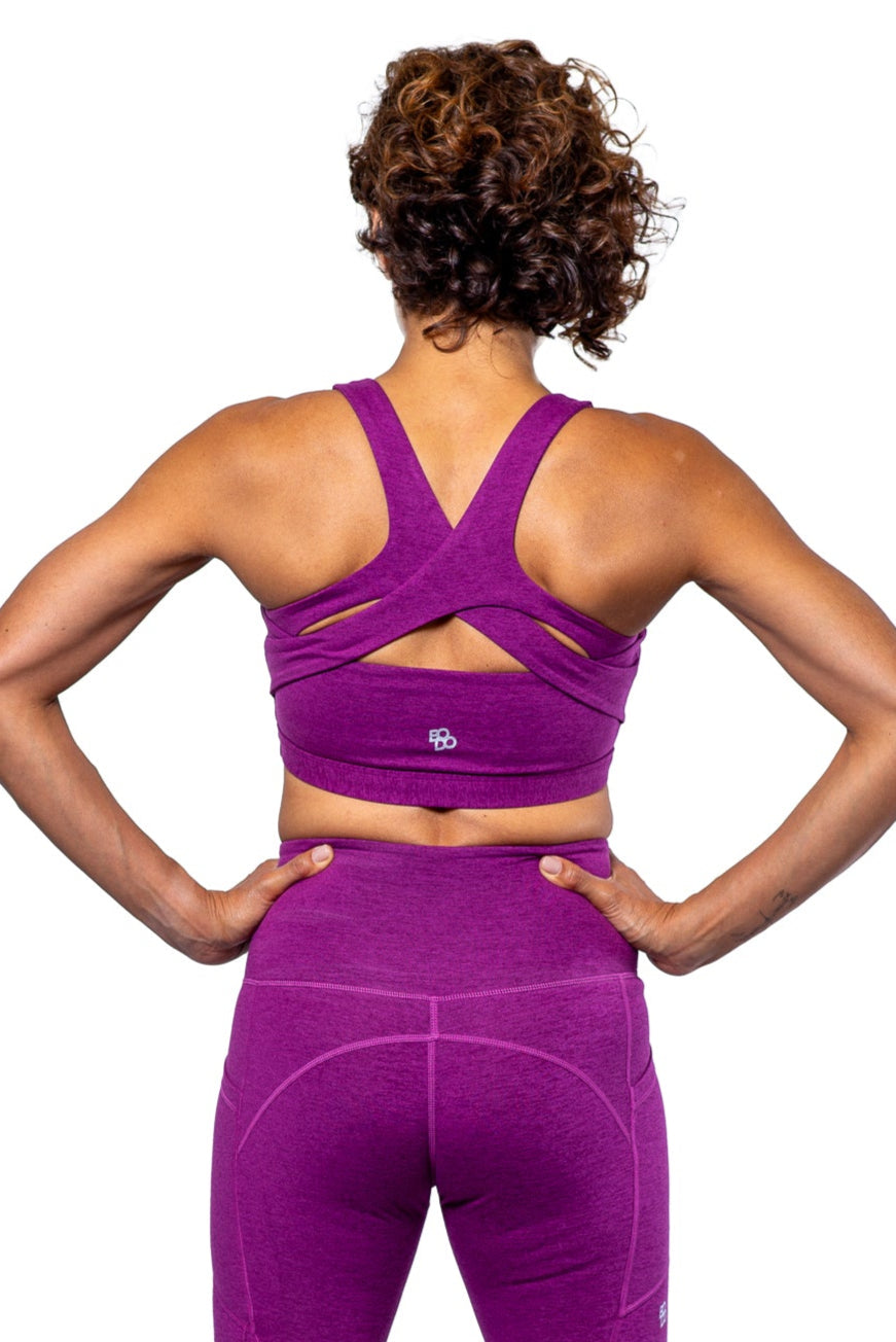 Blue criss-cross back high compression sports bra for women athletic fitness activewear — view 2