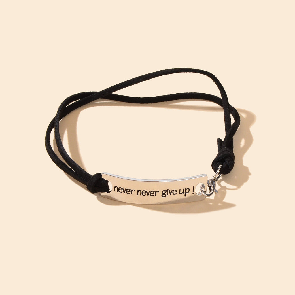 Minimalist black PU leather rope anklet with rectangular silver-tone metal decor and engraved letters — view 2
