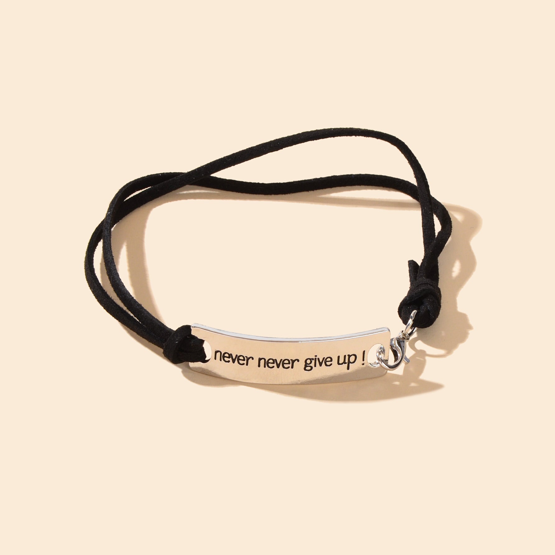 Minimalist black PU leather rope anklet with rectangular silver-tone metal decor and engraved letters — view 2