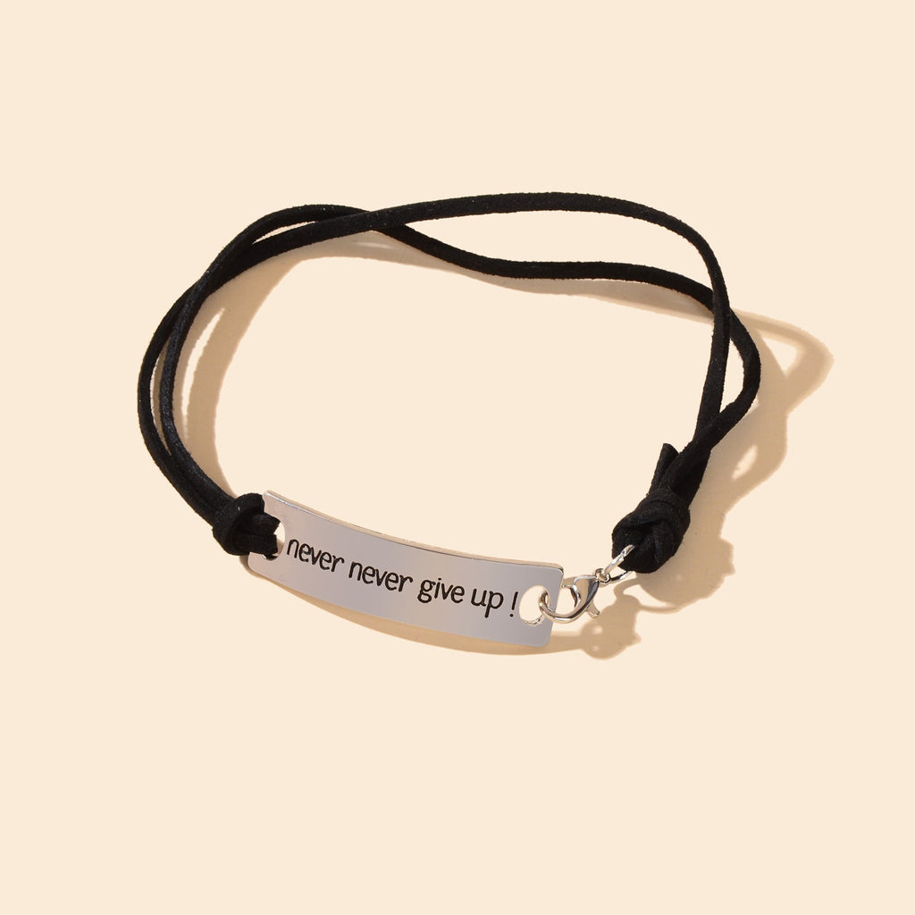 Minimalist black PU leather rope anklet with rectangular silver-tone metal decor and engraved letters — view 4