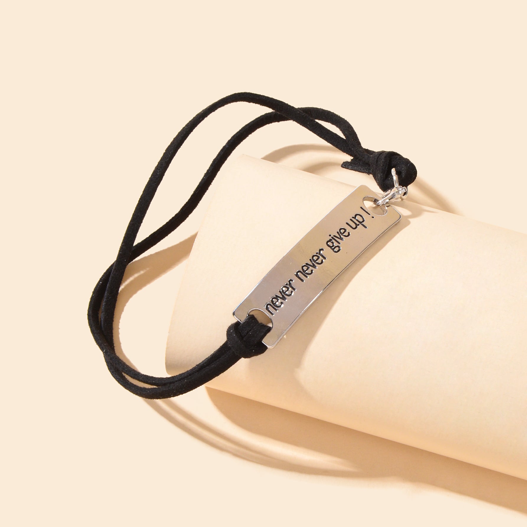 Minimalist black PU leather rope anklet with rectangular silver-tone metal decor and engraved letters — view 5
