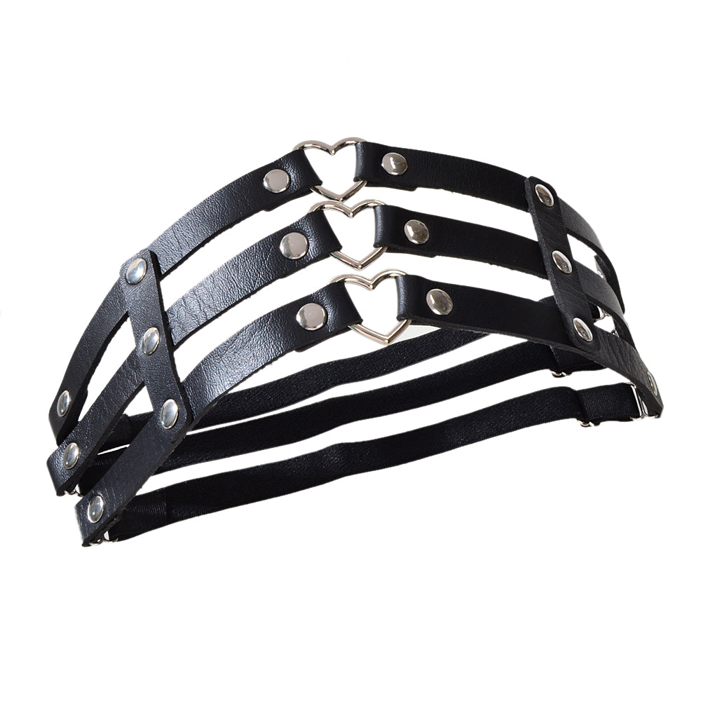 Punk gothic black PU leather elastic leg chain thigh harness with silver metal ring hardware — view 5