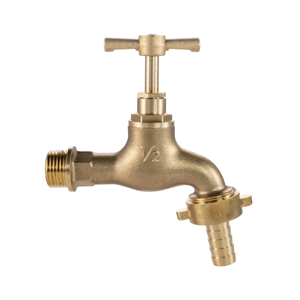 Solid brass single turn garden bib tap with barbed outlet for outdoor hose connection