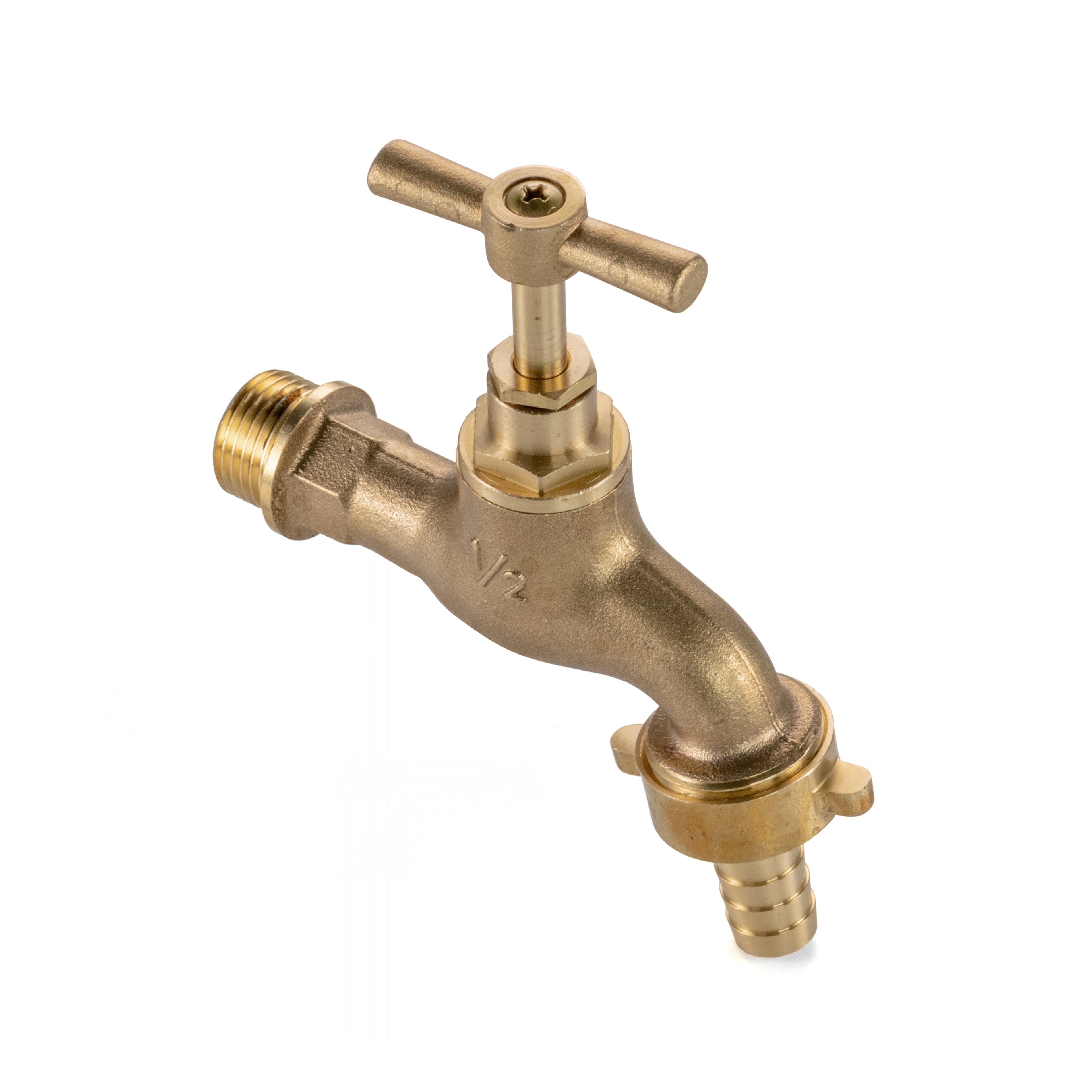 Solid brass single turn garden bib tap with barbed outlet for outdoor hose connection — view 3