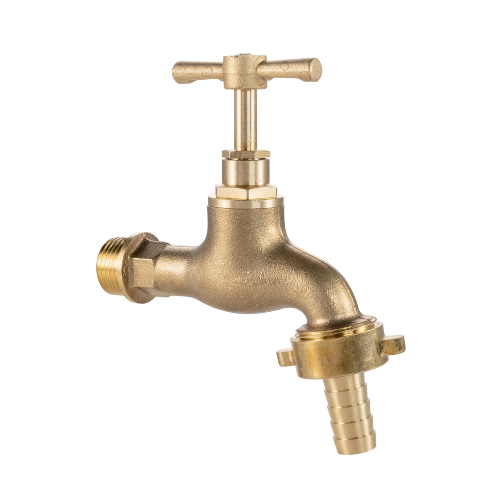 Solid brass barbed single turn garden bib tap with polished finish and standard hose connector — view 2