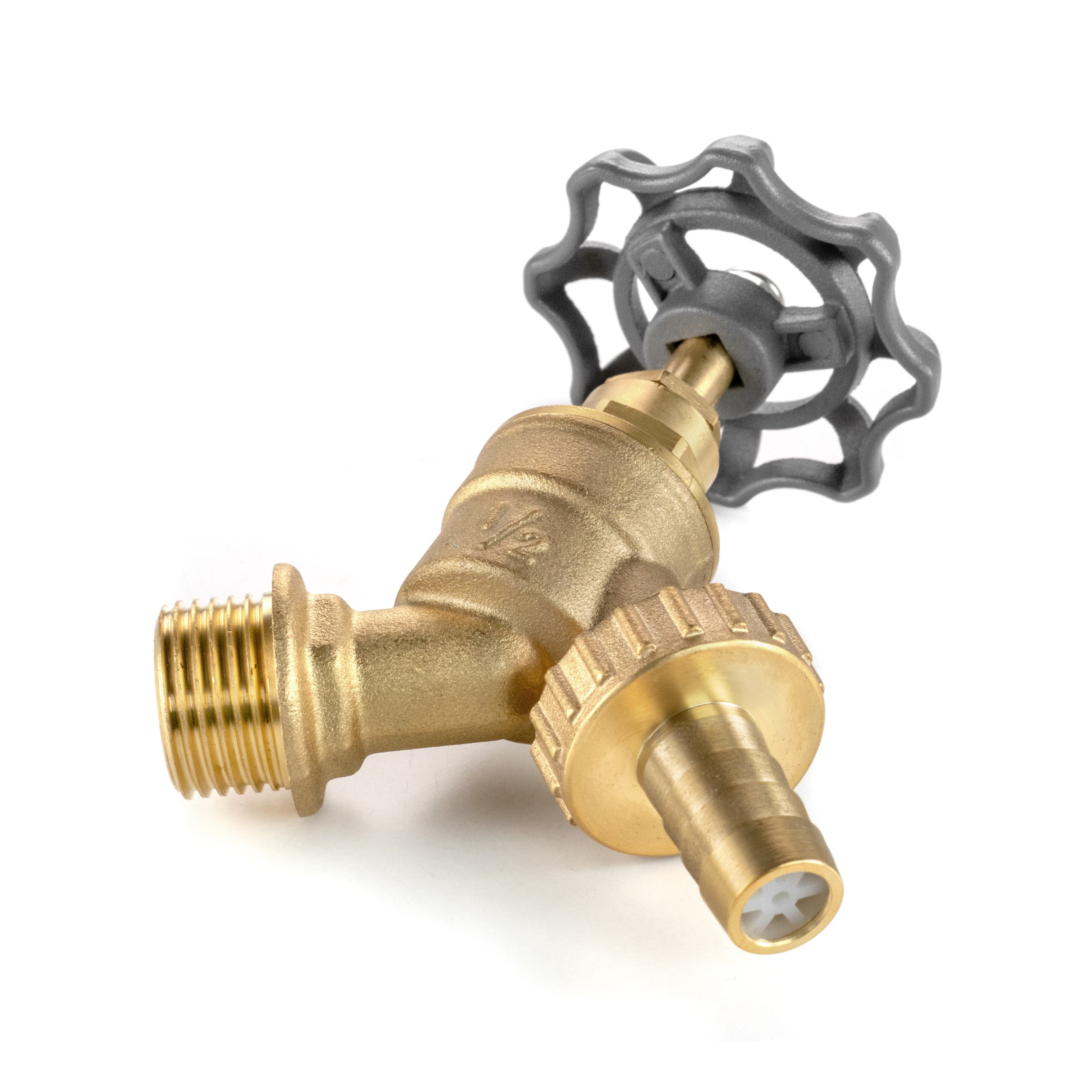 Solid polished brass garden bib tap featuring an oversized dial handle and barbed outlet — view 3