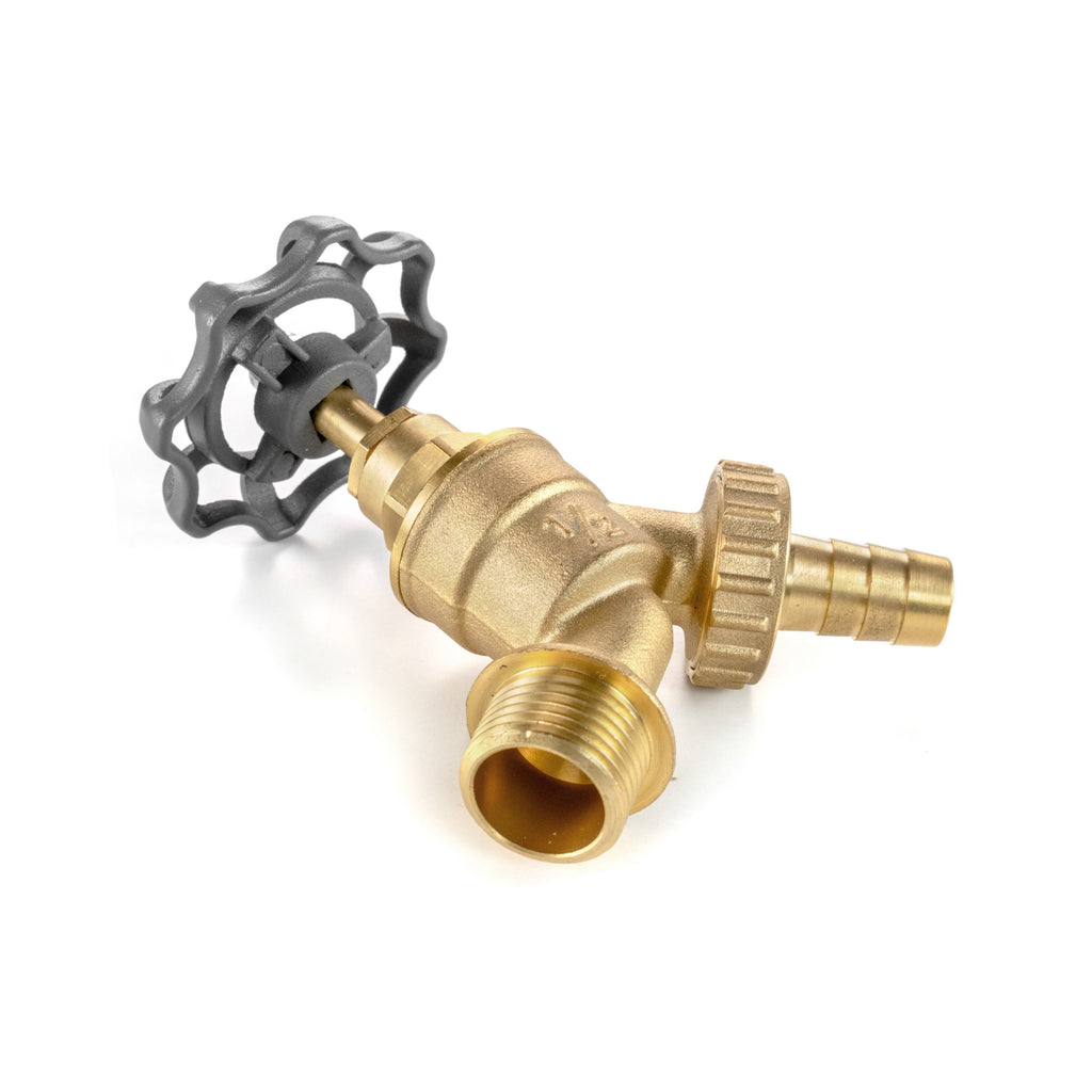 Solid polished brass garden bib tap featuring an oversized dial handle and barbed outlet — view 4