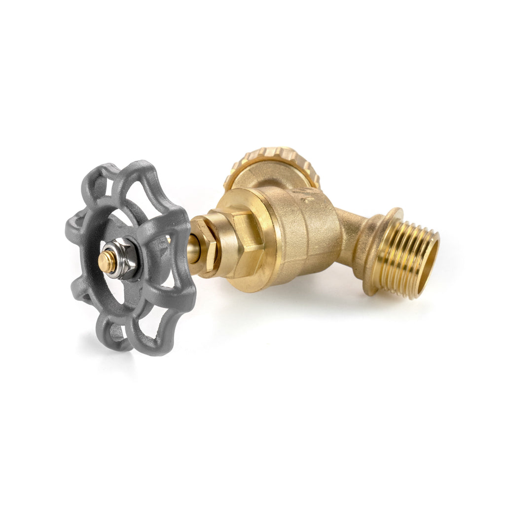 Solid polished brass garden bib tap featuring an oversized dial handle and barbed outlet — view 5