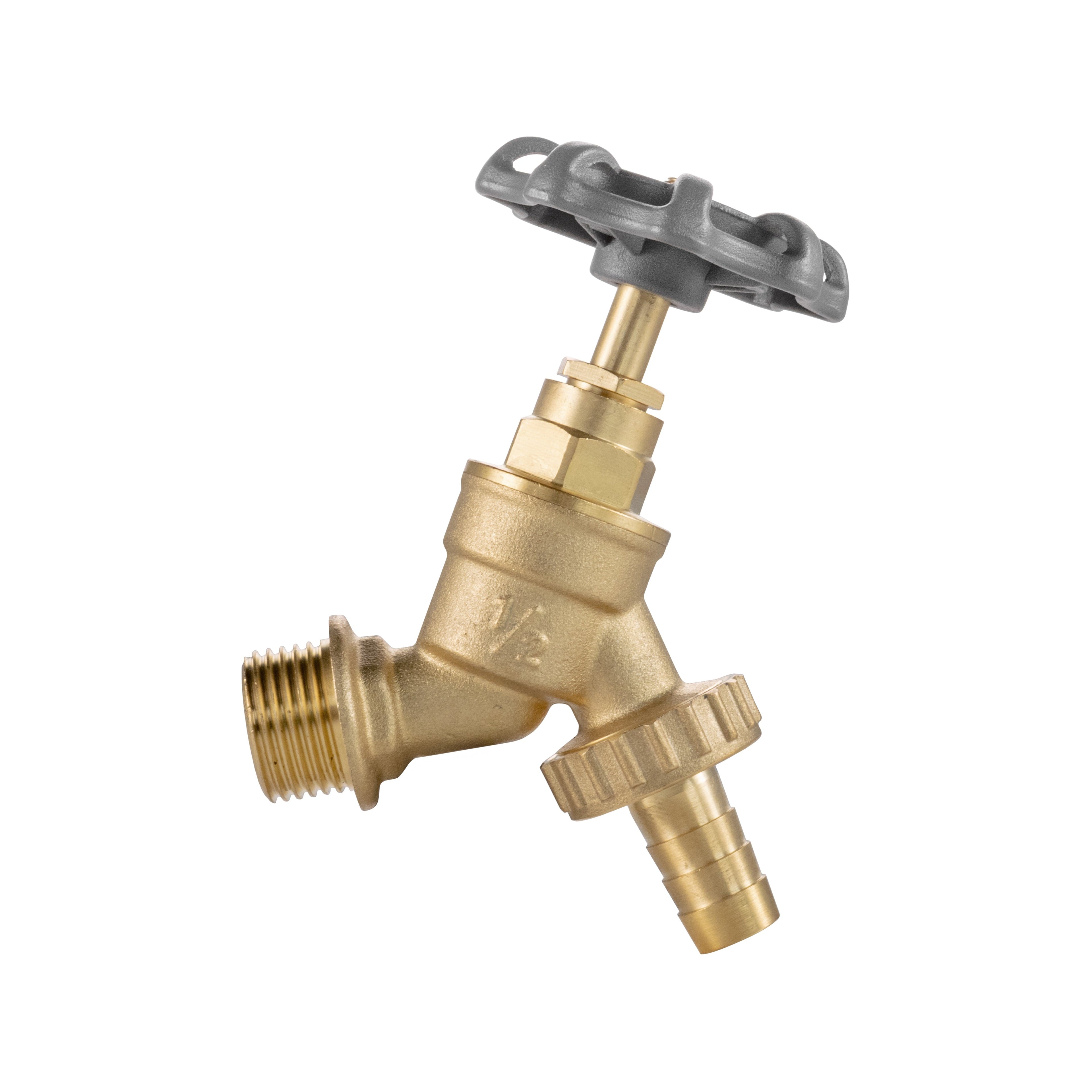 Solid polished brass garden bib tap featuring an oversized dial handle and barbed outlet