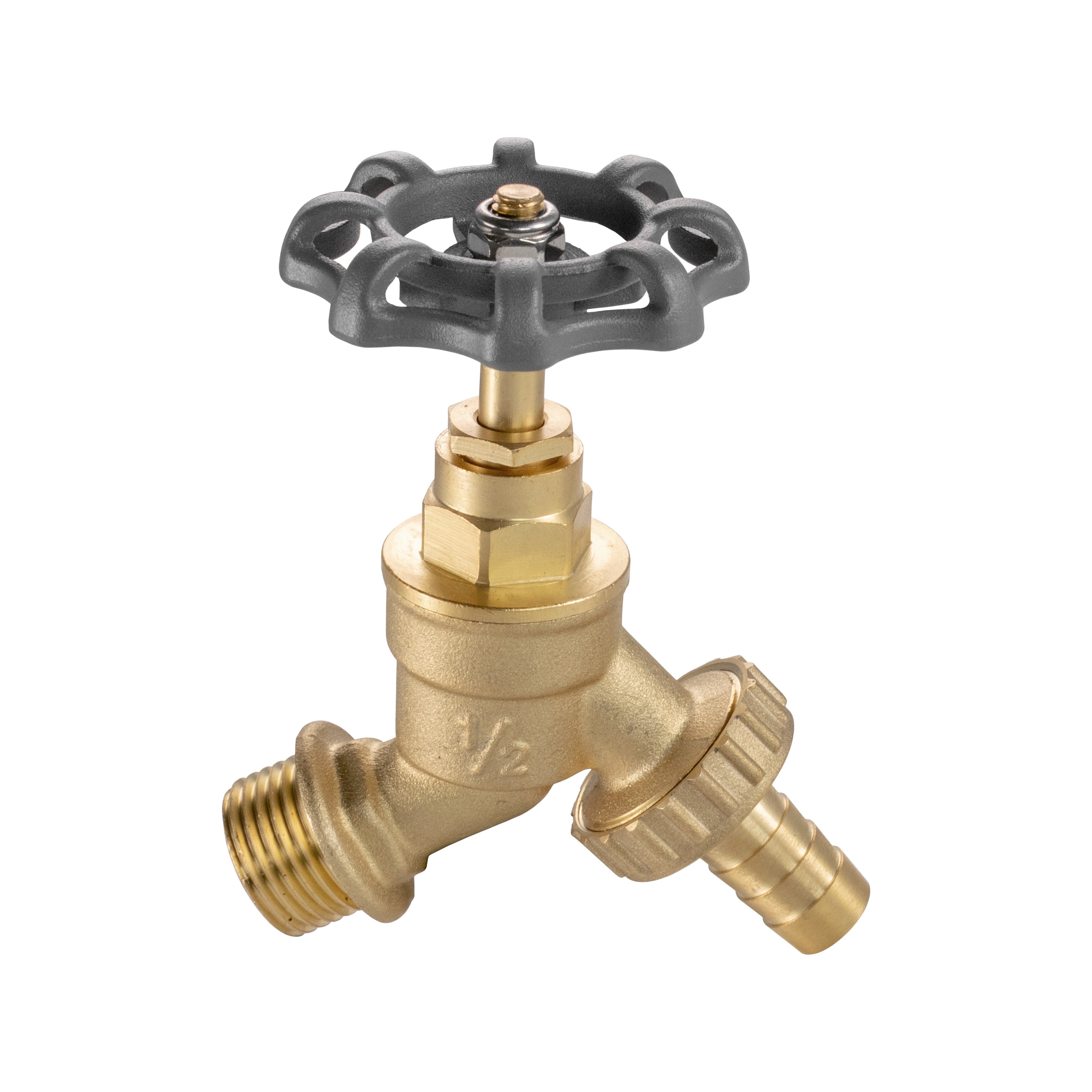 Solid polished brass garden bib tap featuring an oversized dial handle and barbed outlet — view 2