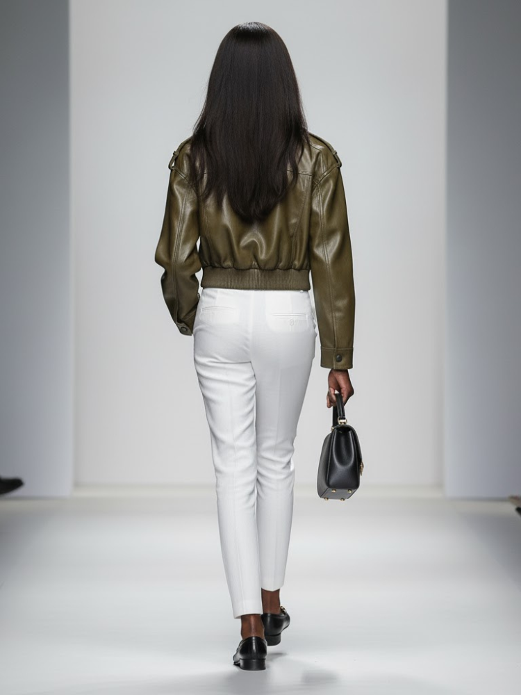 Broadway vegan bomber jacket in olive green faux leather with high collar and flap pockets. — view 2