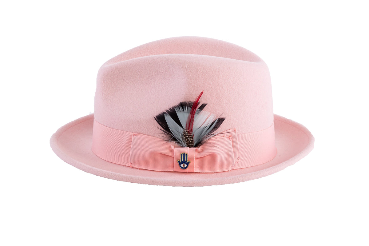 Ferrecci Brooks Trilby Soft 100% Australian Wool Felt Body with Removable Feather pink hat Great for Travel-0