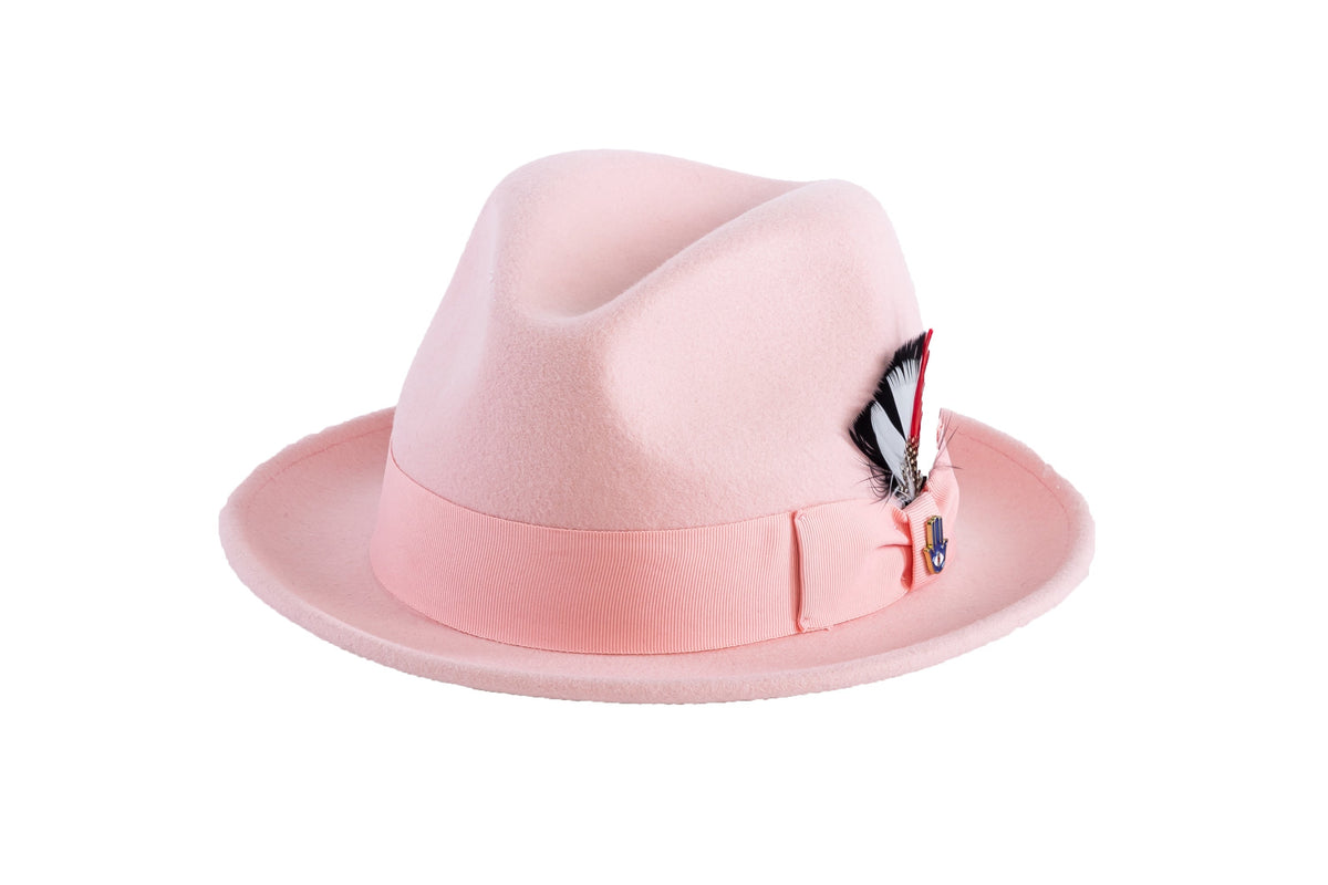 Ferrecci Brooks Trilby Soft 100% Australian Wool Felt Body with Removable Feather pink hat Great for Travel-1