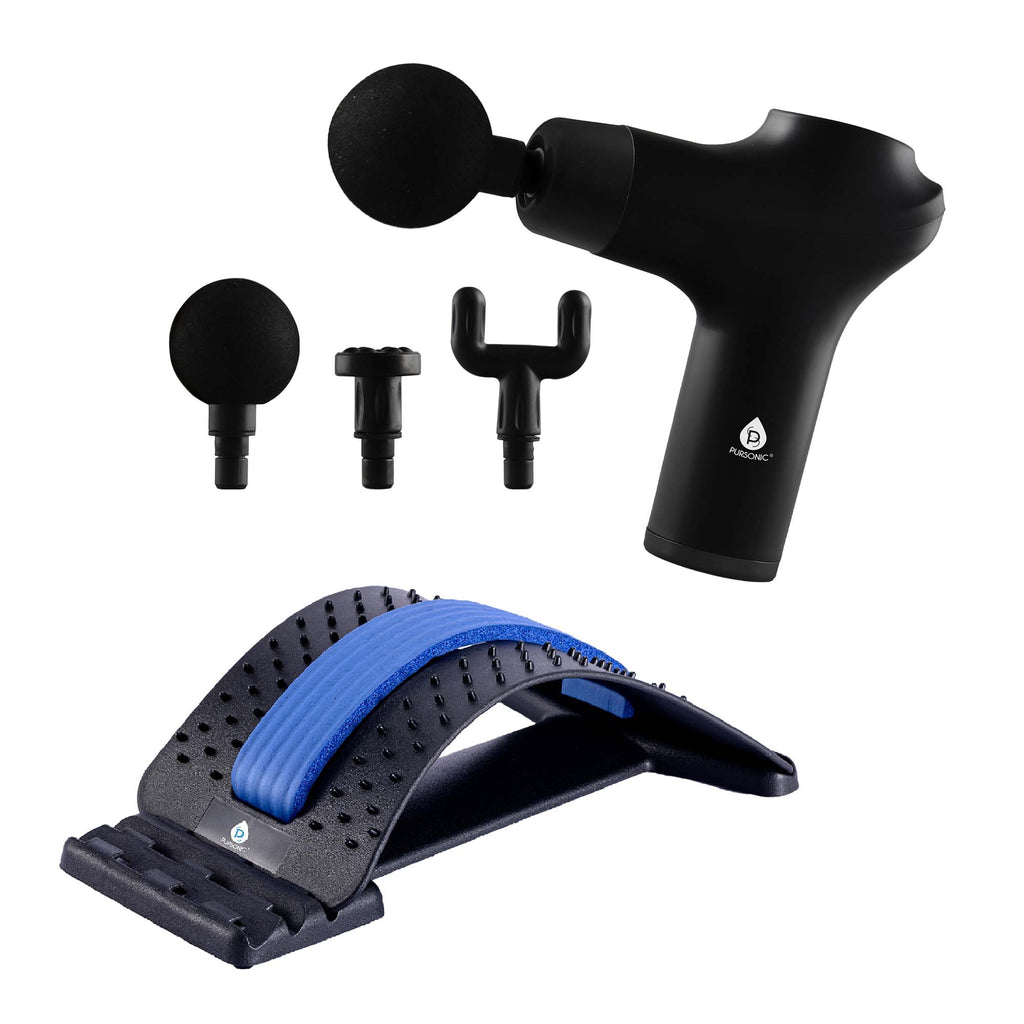 Relax and Restore bundle including adjustable back stretcher device and cordless three-speed massage gun