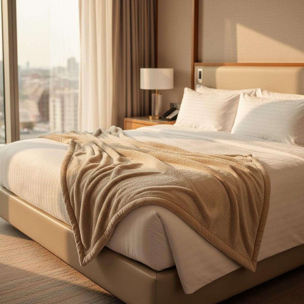 BSB collection plush fleece blanket with suede mink binding folded on a comfortable modern bed — view 2