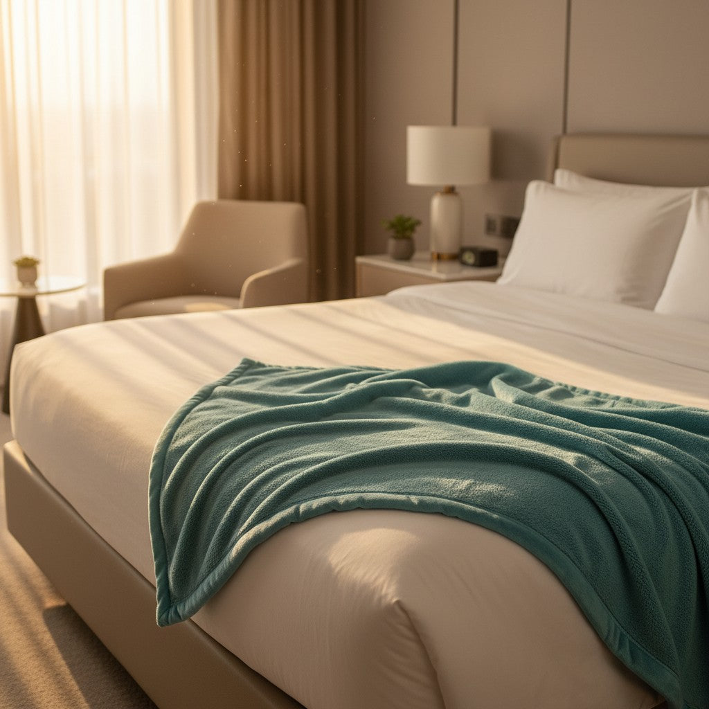 BSB collection plush fleece blanket with suede mink binding folded on a comfortable modern bed — view 3
