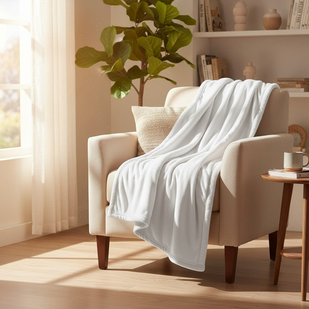BSB collection plush fleece blanket with suede mink binding folded on a comfortable modern bed — view 5