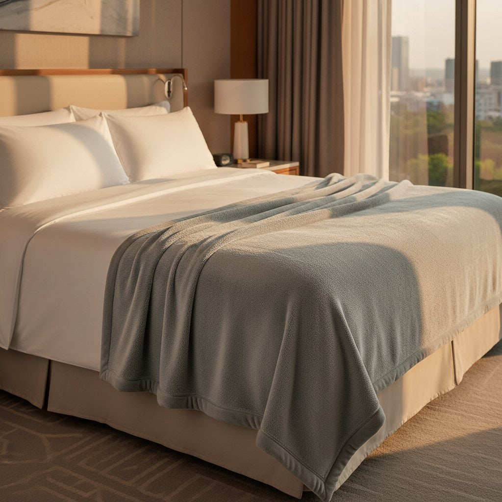 BSB collection plush fleece blanket with suede mink binding folded on a comfortable modern bed — view 4