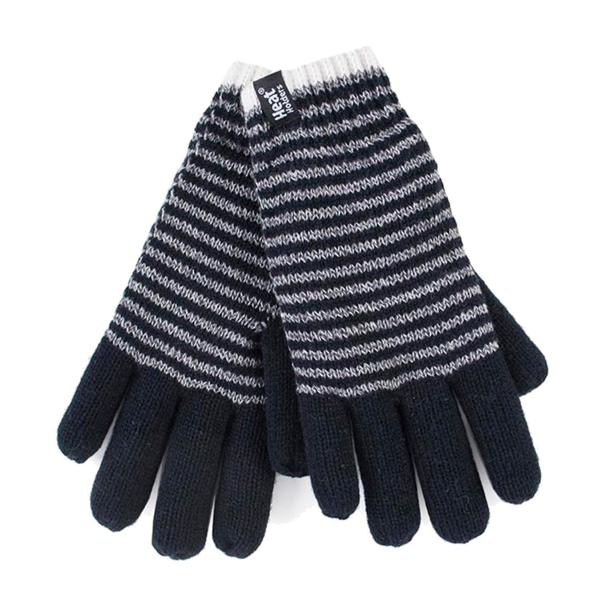 Ladies striped winter gloves in a cable knit design with thick thermal fleece lining