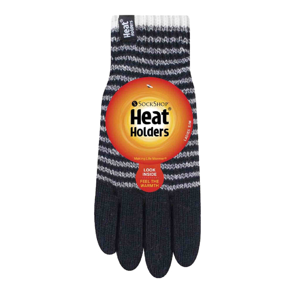 Ladies striped winter gloves in a cable knit design with thick thermal fleece lining — view 2