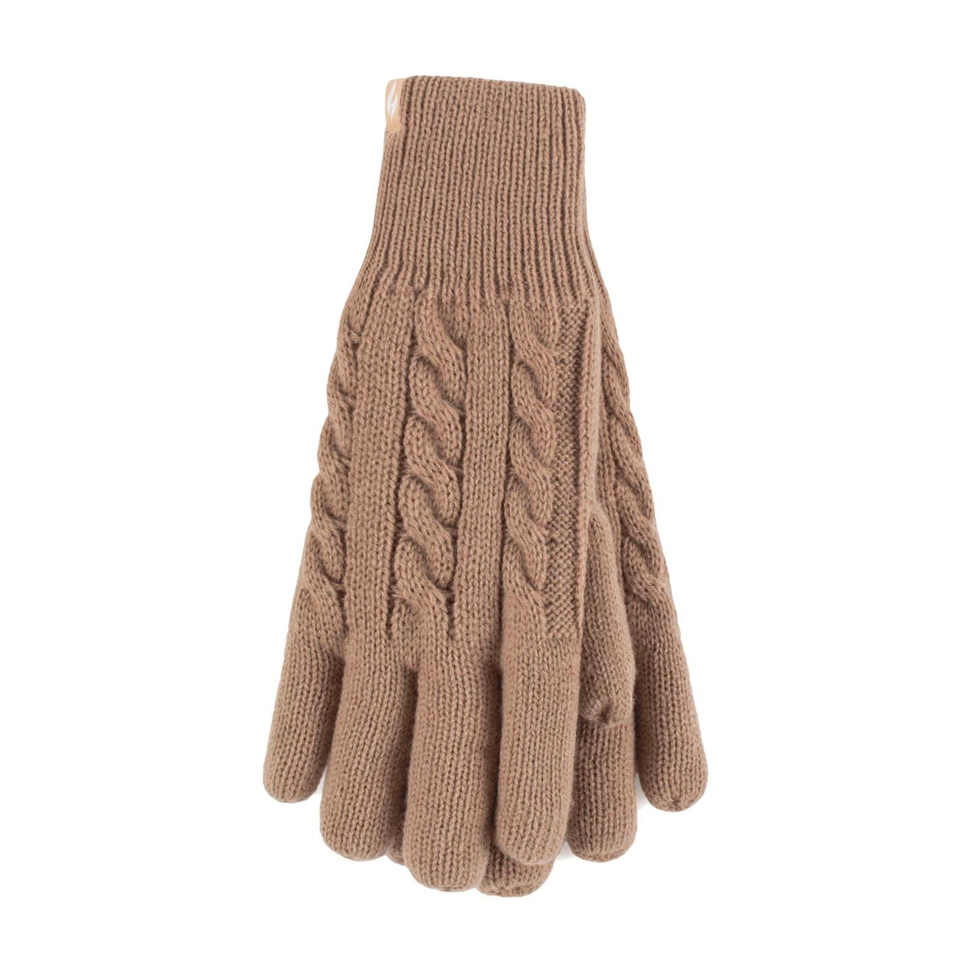 Ladies thermal cable knit winter gloves with plush fleece lining and extra long elasticated ribbed cuffs