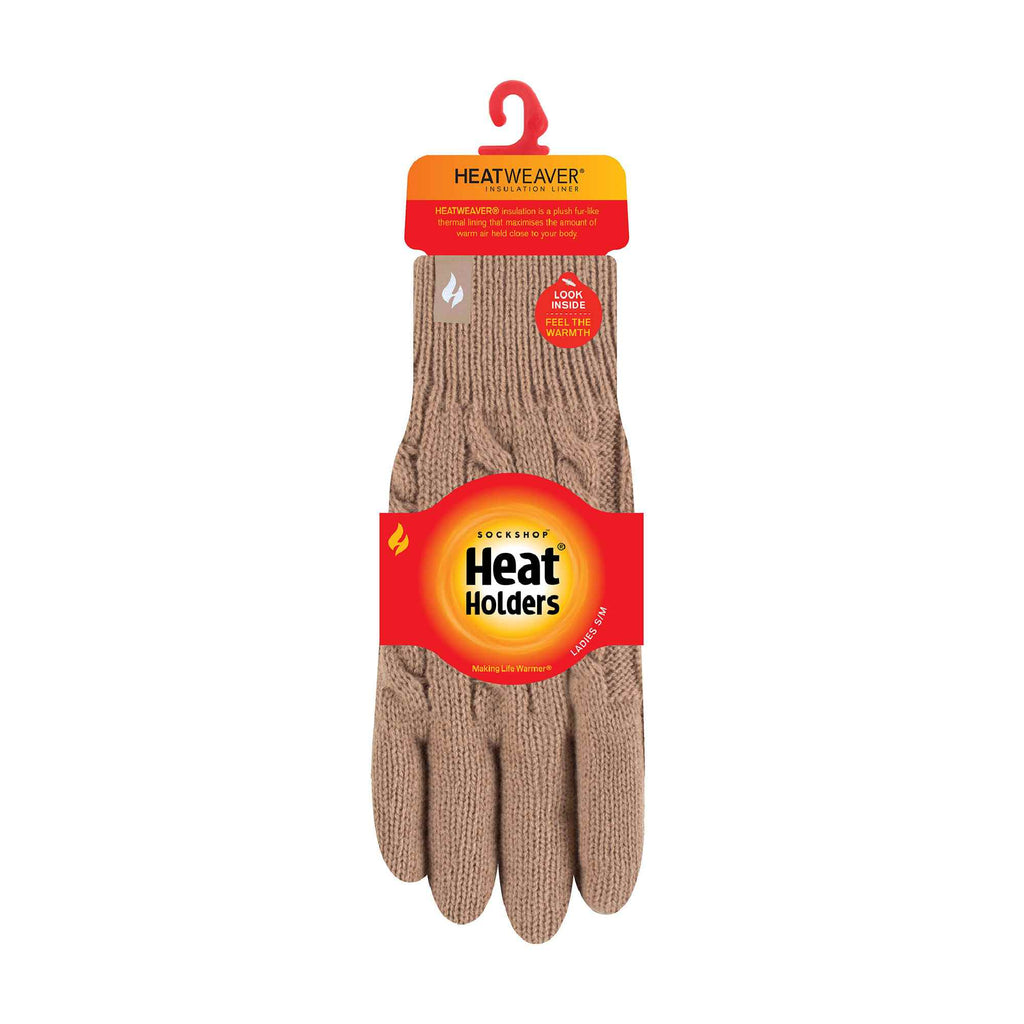 Ladies thermal cable knit winter gloves with plush fleece lining and extra long elasticated ribbed cuffs — view 2