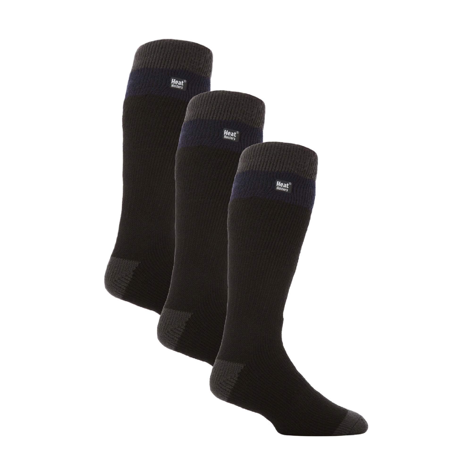 Three pack of extra long men's thermal striped ski socks in dark winter colors