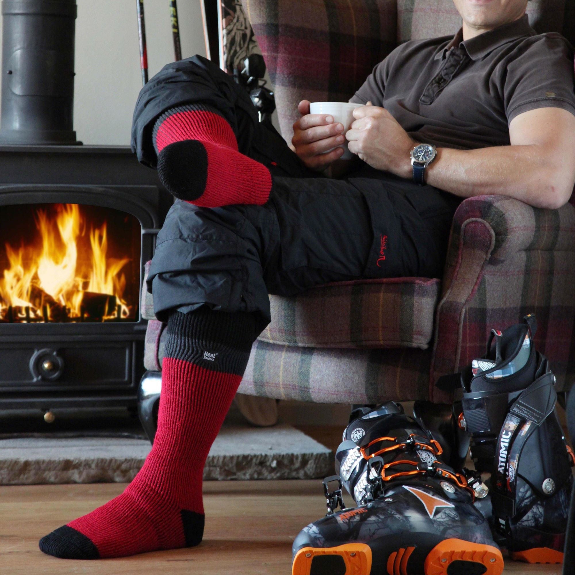 Three pack of extra long men's thermal striped ski socks in dark winter colors — view 3