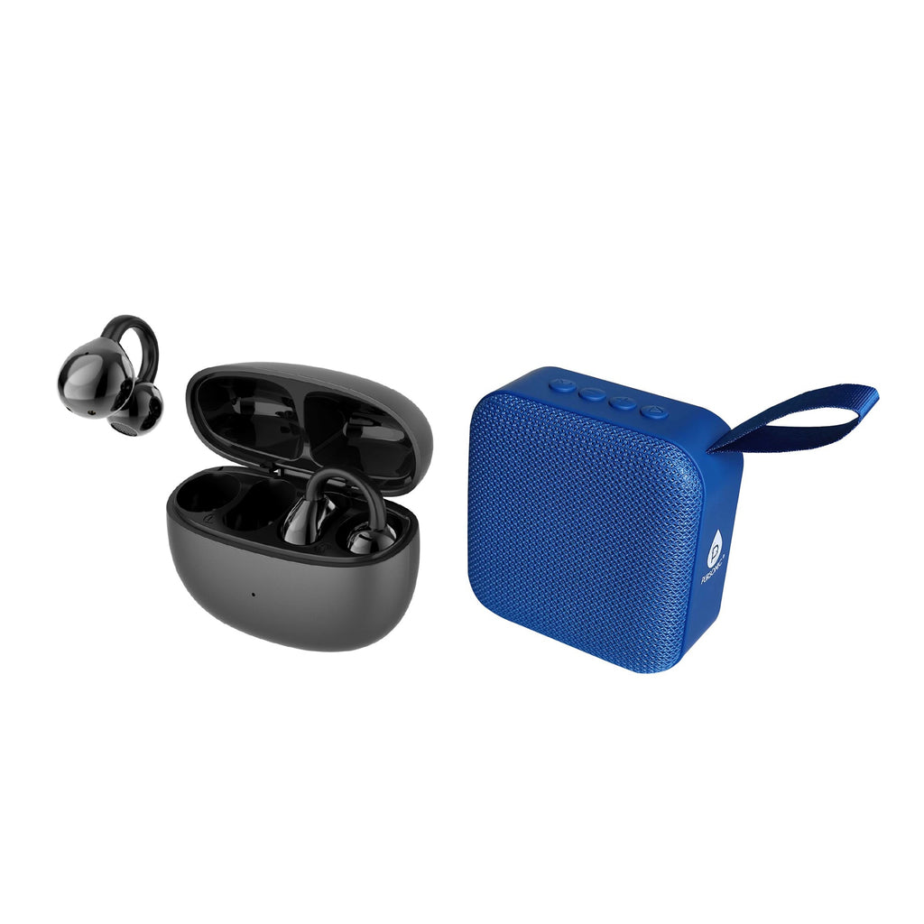 Wireless earbud and speaker set featuring sleek true wireless headphones and a portable 360 degree speaker