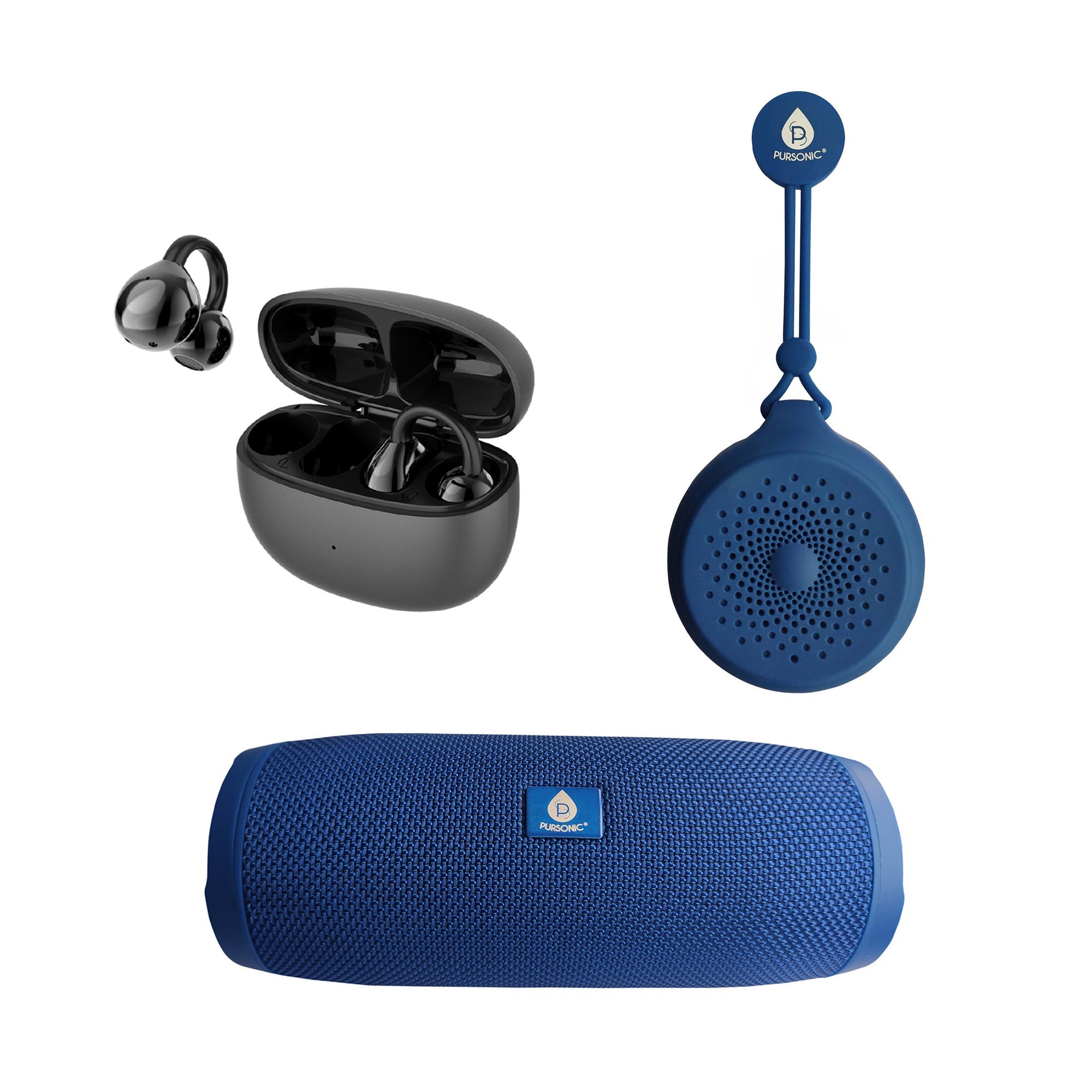 Total Audio Freedom Collection featuring wireless earbuds, a 360-degree speaker, and a waterproof suction speaker