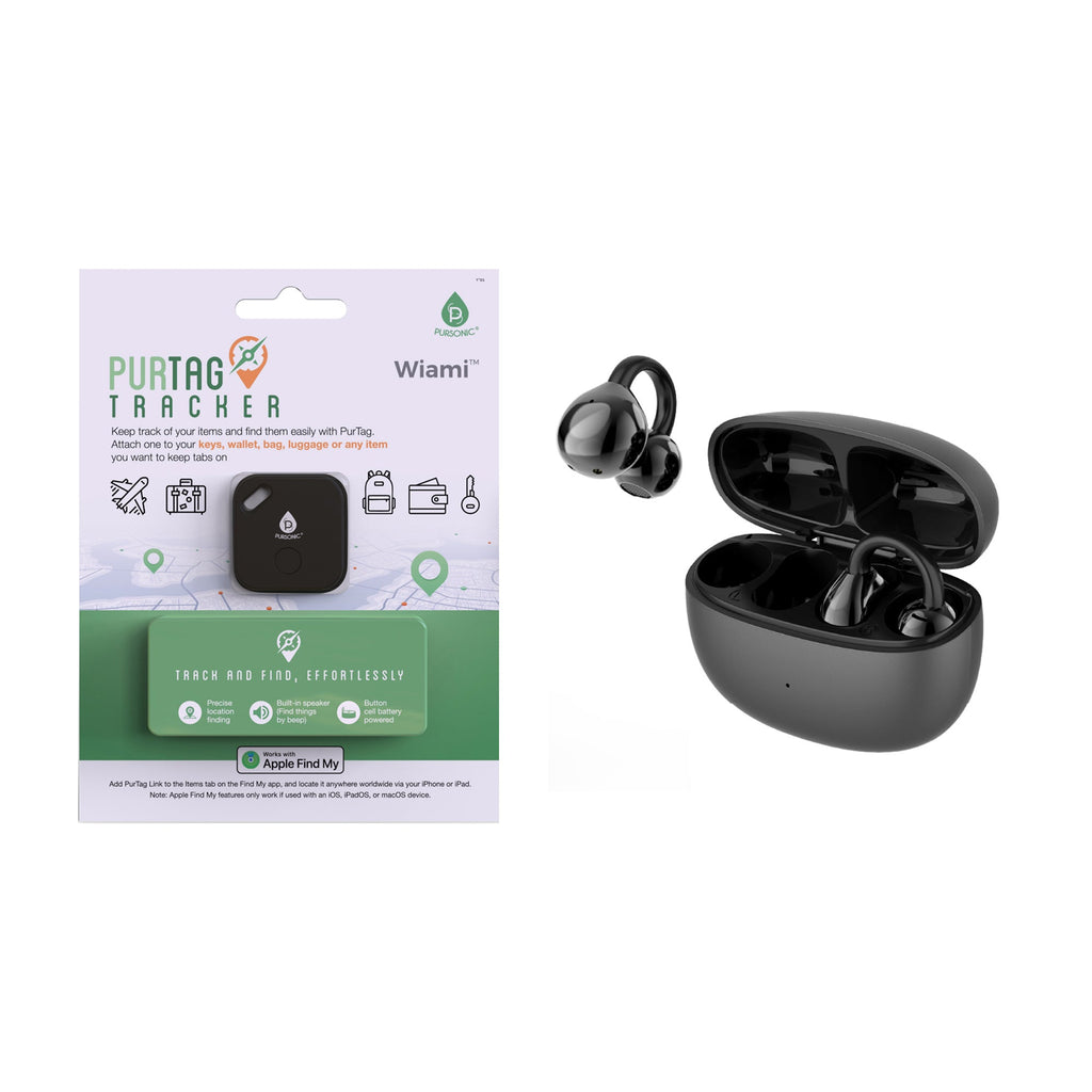 True wireless stereo earbuds in a charging case next to a compact waterproof location tracker device