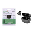 True wireless stereo earbuds in a charging case next to a compact waterproof location tracker device